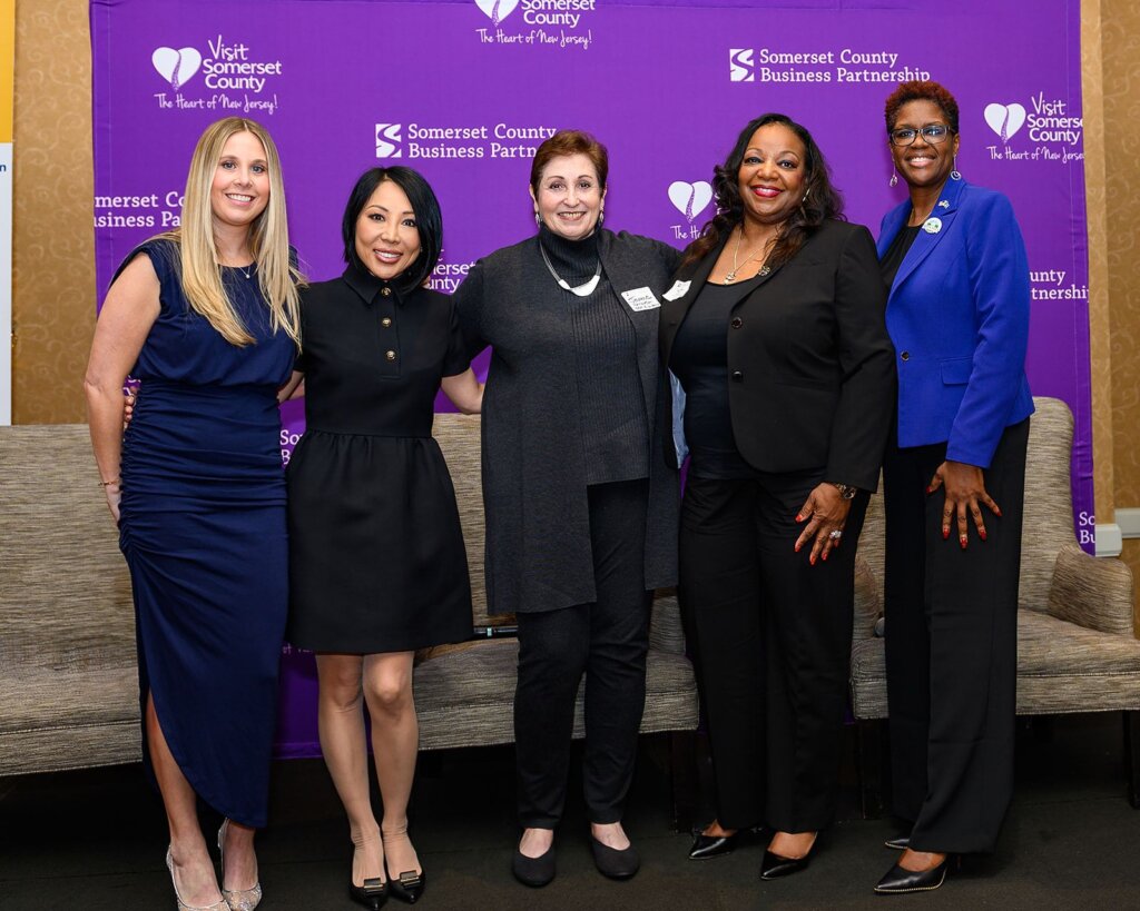 Jeanne SCBP panelist A photo of five women Jeanne Perantoni, middle with, from left, event moderator Kayla George, Shani Madaminova, Nanette Lee, and Sharel Robinson, who spoke at the Somerset County Business Partnership’s 2024 International Women’s Day event.